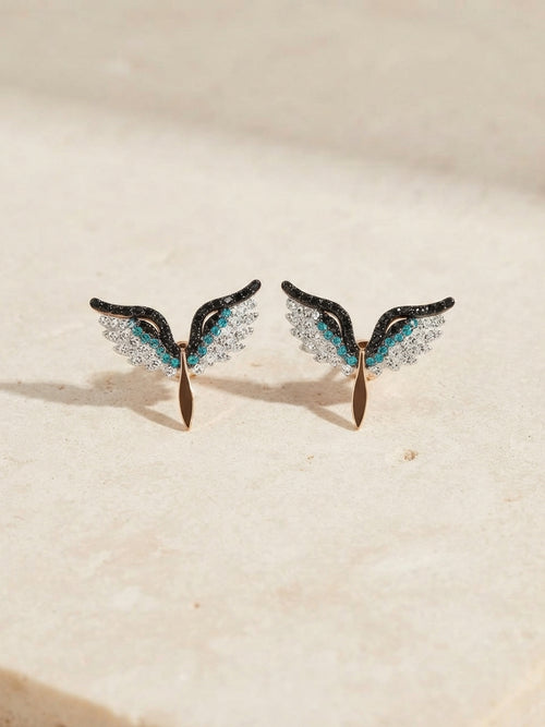 Boucles d'oreilles Envol, ailes pavées de pierres noires, blanches et turquoise, Maison Avelia